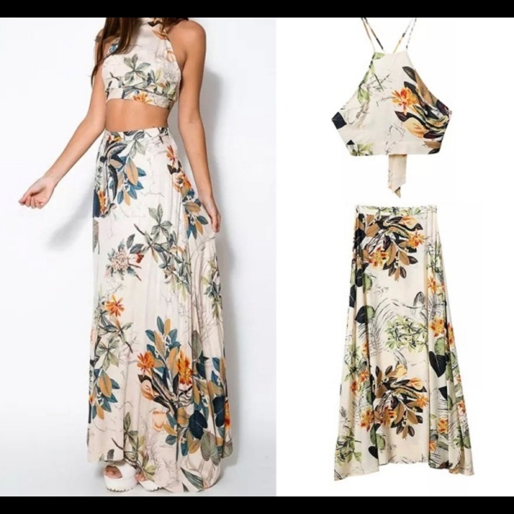 2 piece crop top with high waisted skirt